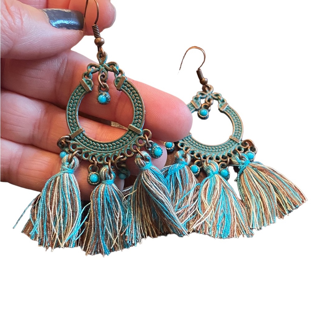 Boho Style Turquoise And Brown Fringe Drop Earrin… - image 5